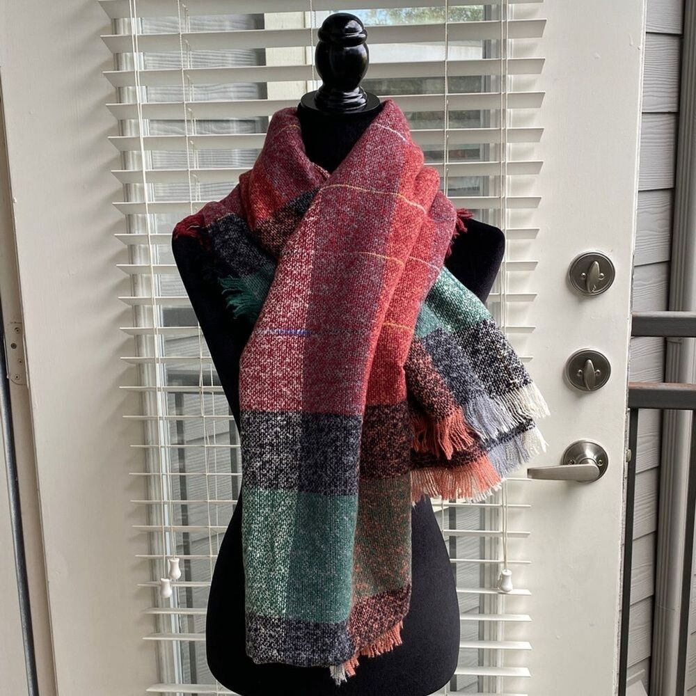 NIB BLANKET SCARF Checks Plaids Oversized Cozy Fringe Colorful Shawl 50" x 50